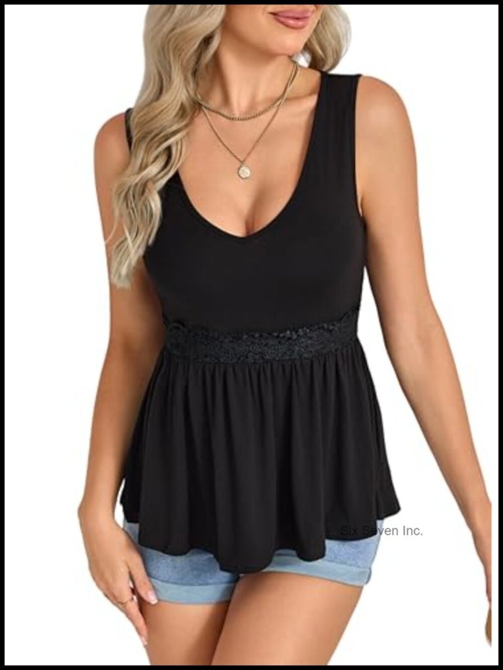 Women's V Neck Peplum Tank Top Sleeveless Babydoll Shirt Lace Trim